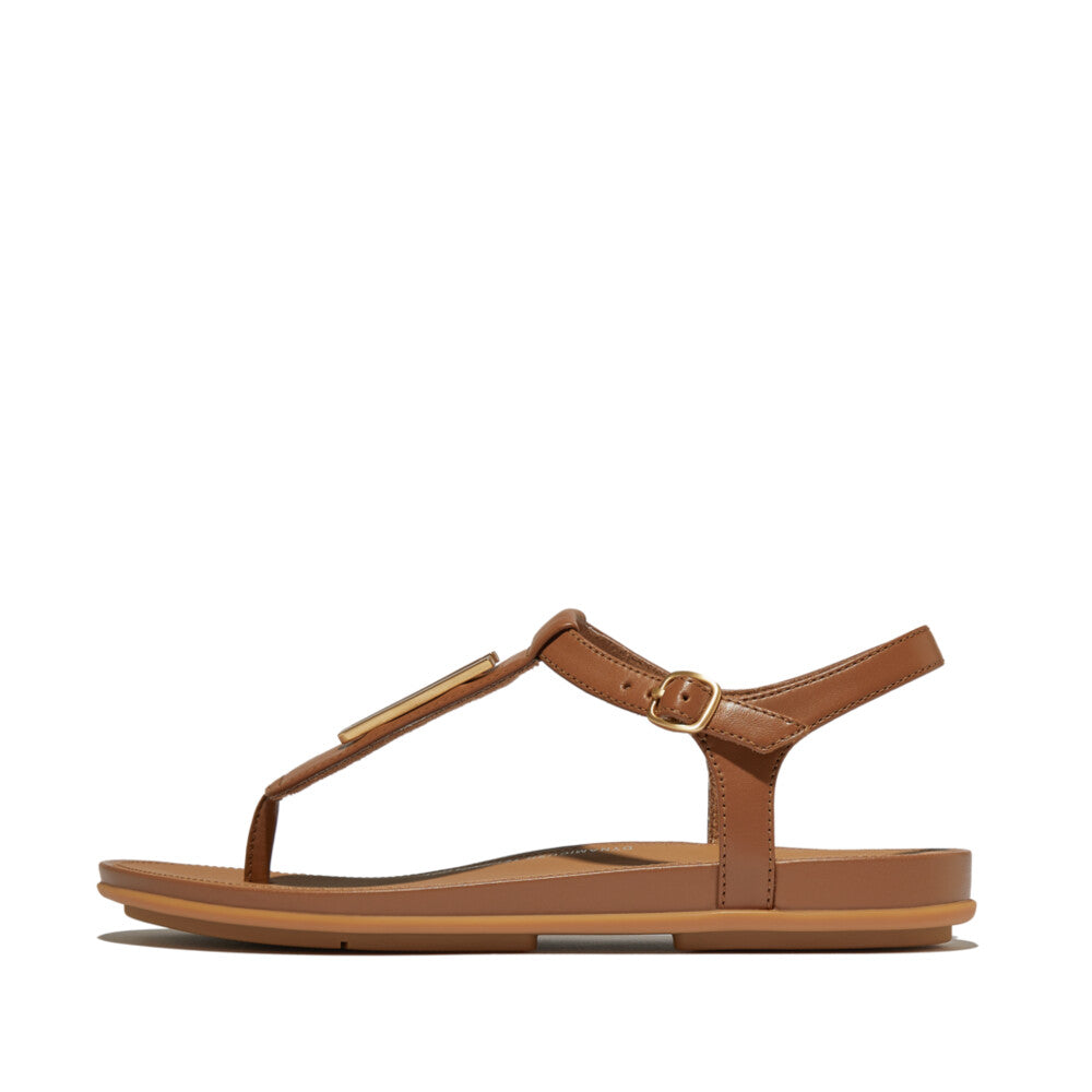 Gracie Women's Leather Sandals with Gold Trim and T-Strap